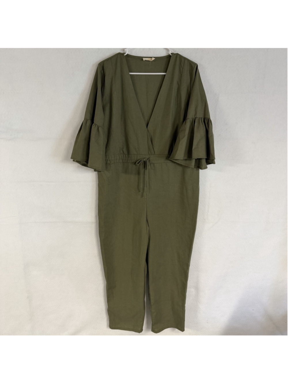Boho Linen Jumpsuit Romper Womens L Olive Green Bell Sleeve USA Made Minimalist